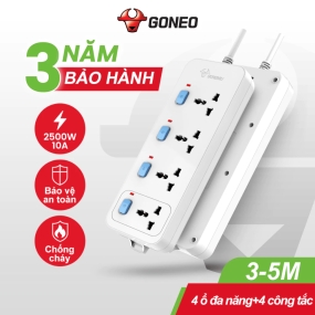 Ổ CẮM ĐIỆN GONEO 4 Ổ ĐA NĂNG 4 CÔNG TẮC - CÔNG SUẤT 10A/250/2500W – TRẮNG – CHÍNH HÃNG – N3040