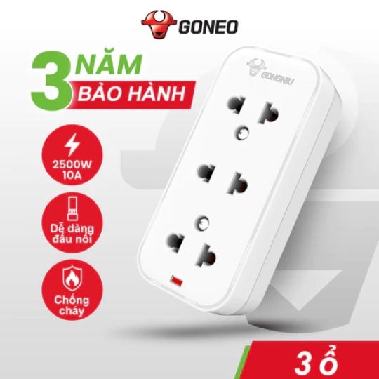 Ổ CẮM ĐIỆN CHỐNG CHÁY MINI GONEO 3 Ổ KHÔNG KÈM DÂY 2500W – TRẮNG – CHÍNH HÃNG – 103
