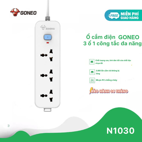 Ổ CẮM ĐIỆN GONEO N1030 – 3 Ổ ĐA NĂNG 1 CÔNG TẮC – CHỐNG CHÁY,CÔNG SUẤT 2500W – CHÍNH HÃNG