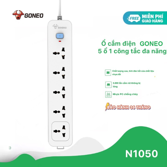 Ổ CẮM ĐIỆN CHỐNG CHÁY GONEO 5 Ổ ĐA NĂNG 1 CÔNG TẮC – N1050/250V/2500W – CHÍNH HÃNG GONEO