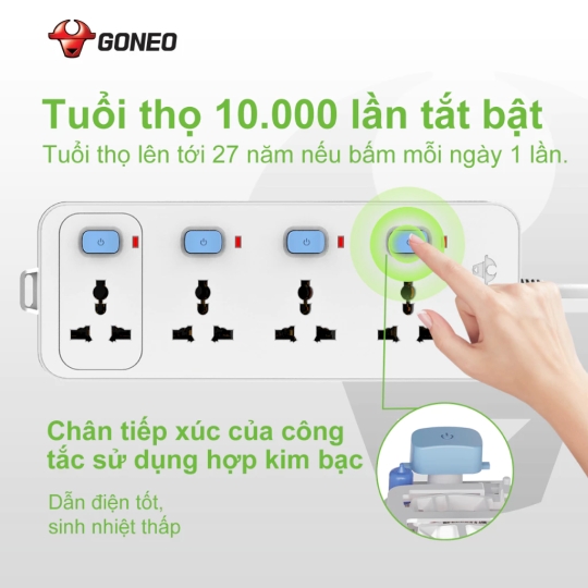 Ổ CẮM ĐIỆN GONEO 4 Ổ ĐA NĂNG 4 CÔNG TẮC - CÔNG SUẤT 10A/250/2500W – TRẮNG – CHÍNH HÃNG – N3040