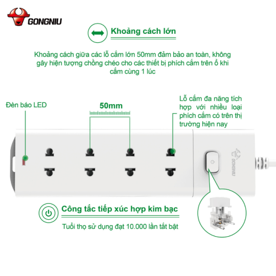 Ổ CẮM ĐIỆN CHỐNG CHÁY GONEO ĐA NĂNG 4 Ổ 1 CÔNG TẮC 2500W – V1040 – CHÍNH HÃNG – CHỐNG CHÁY