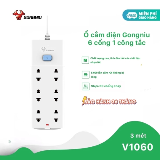 Ổ CẮM ĐIỆN CHỐNG CHÁY GONEO ĐA NĂNG 6 Ổ 1 CÔNG TẮC 2500W – V1060 – CHÍNH HÃNG – AN TOÀN – TIỆN LỢI