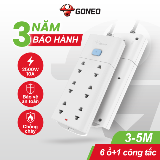 Ổ CẮM ĐIỆN CHỐNG CHÁY GONEO ĐA NĂNG 6 Ổ 1 CÔNG TẮC 2500W – V1060 – CHÍNH HÃNG – AN TOÀN – TIỆN LỢI