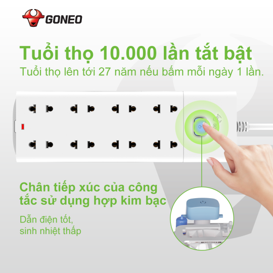 Ổ CẮM CHỐNG CHA GONEO ĐA NĂNG 8 Ổ 1 CÔNG TẮC 2500W – V1080