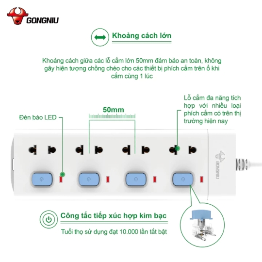 Ổ CẮM ĐIỆN CHỐNG CHÁY GONEO ĐA NĂNG 4 Ổ 4 CÔNG TẮC 2500W – V3040 – CHÍNH HÃNG – AN TOÀN – CHỐNG CHÁY
