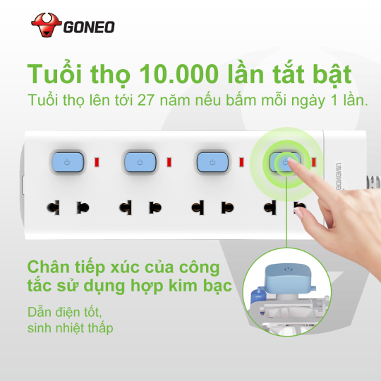 Ổ CẮM ĐIỆN CHỐNG CHÁY GONEO ĐA NĂNG 4 Ổ 4 CÔNG TẮC 2500W – V3040 – CHÍNH HÃNG – AN TOÀN – CHỐNG CHÁY