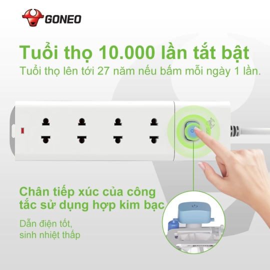 Ổ CẮM ĐIỆN CHỐNG CHÁY GONEO ĐA NĂNG 4 Ổ 1 CÔNG TẮC 2500W – V1040 – CHÍNH HÃNG – CHỐNG CHÁY