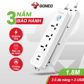 Ổ Cắm Điện Gongniu 3 Ổ Đa Năng + 2 USB 1 công tắc 2500W/10A Dây Dài 1.8m – N103U