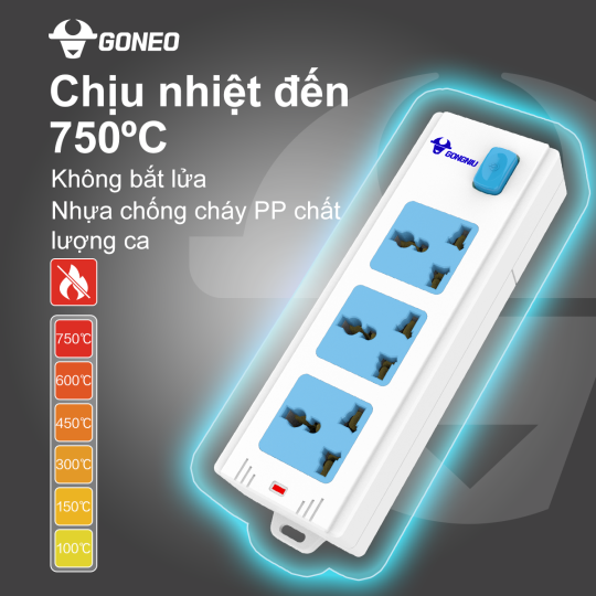 Ổ CẮM ĐIỆN CHỐNG CHÁY GONEO 3 Ổ ĐA NĂNG 1 CÔNG TẮC– 2500W – 413K – NÂNG CẤP