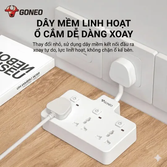 Ổ Cắm Điện GONEO NZ3030R 3 Ổ 3 Công Tắc Riêng - Có Nắp Che An Toàn - Chống Cháy 2500W