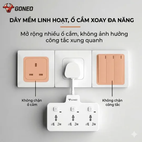 Ổ Cắm Điện GONEO NZ3030R 3 Ổ 3 Công Tắc Riêng - Có Nắp Che An Toàn - Chống Cháy 2500W