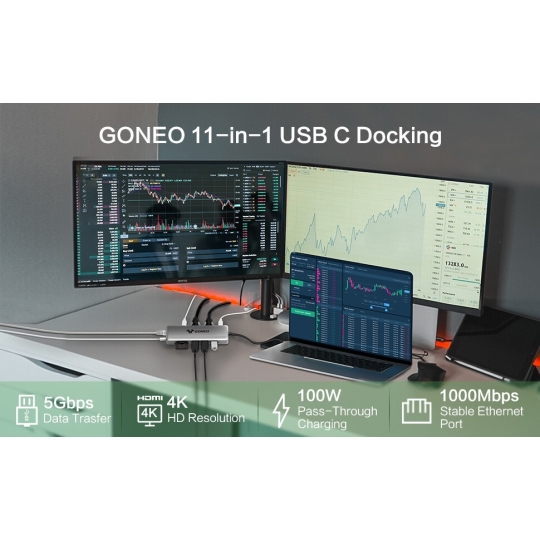 HUB GONEO 11 in 1 USB-C Docking Station, DEX với 2 cổng HDMI 4K, Sạc Nhanh Chuẩn PD 100W ,5Gbps USB-C,1000Mbps Ethernet Port,USB C Dongle for MacBook, Dell XPS, Samsung Galaxy