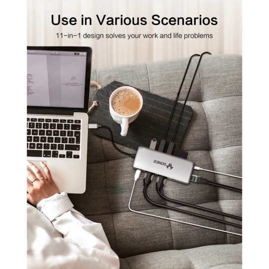 HUB GONEO 11 in 1 USB-C Docking Station, DEX với 2 cổng HDMI 4K, Sạc Nhanh Chuẩn PD 100W ,5Gbps USB-C,1000Mbps Ethernet Port,USB C Dongle for MacBook, Dell XPS, Samsung Galaxy