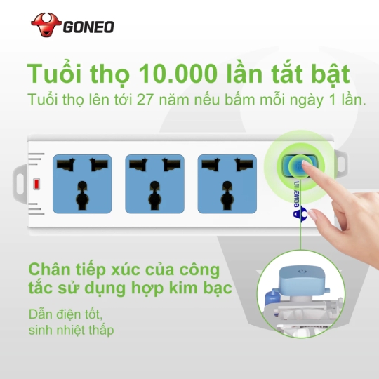 Ổ CẮM ĐIỆN CHỐNG CHÁY GONEO 3 Ổ ĐA NĂNG 1 CÔNG TẮC– 2500W – 413K – NÂNG CẤP