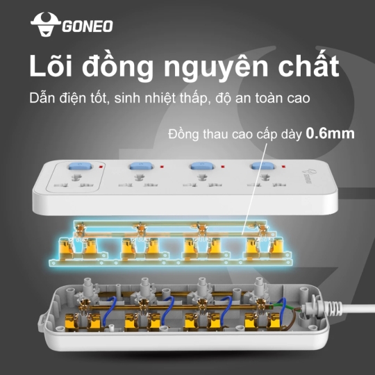 Ổ Cắm Điện Chống Cháy GONEO Đa Năng 4 Ổ 1 Công Tắc 2500W – V1040