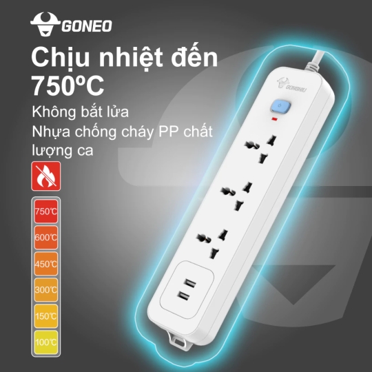 Ổ Cắm Điện Gongniu 3 Ổ Đa Năng + 2 USB 1 công tắc 2500W/10A Dây Dài 1.8m – N103U