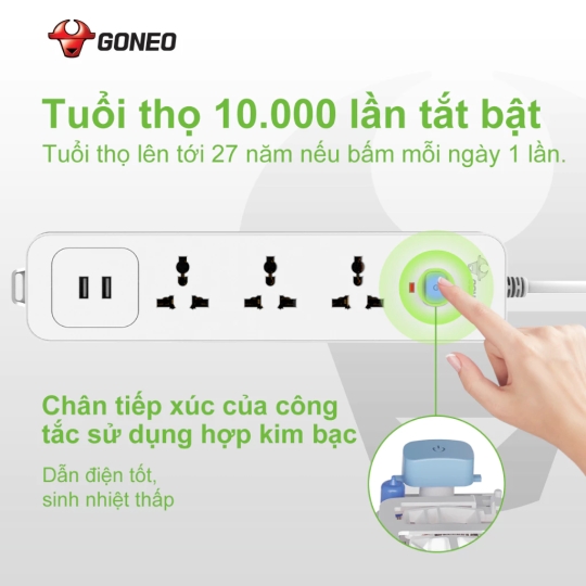 Ổ Cắm Điện Gongniu 3 Ổ Đa Năng + 2 USB 1 công tắc 2500W/10A Dây Dài 1.8m – N103U