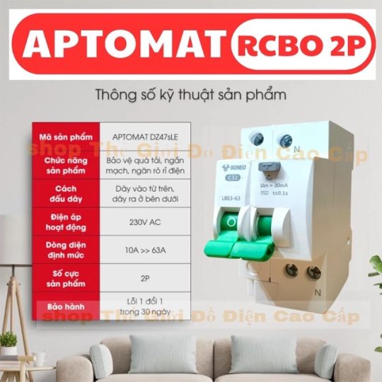 Aptomat  RCBO Chống Giật, Chống Rò, Quá Tải LBE3 (25A/32A/40A/63A)